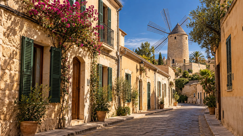 Casas bajas de piedra, persianas verdes y un molino de tradición mallorquina
