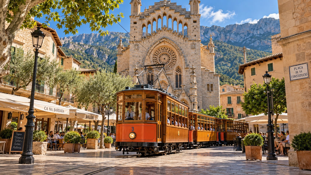 Ilustración del tranvía ante Sant Bartomeu en Sóller