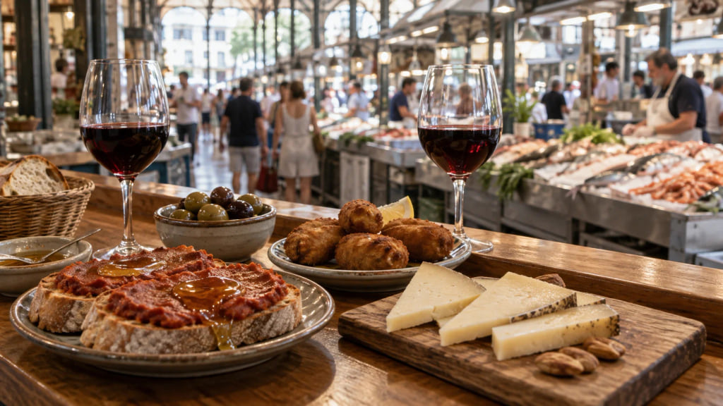 Tapas y vino local en el Mercat de l’Olivar de Palma