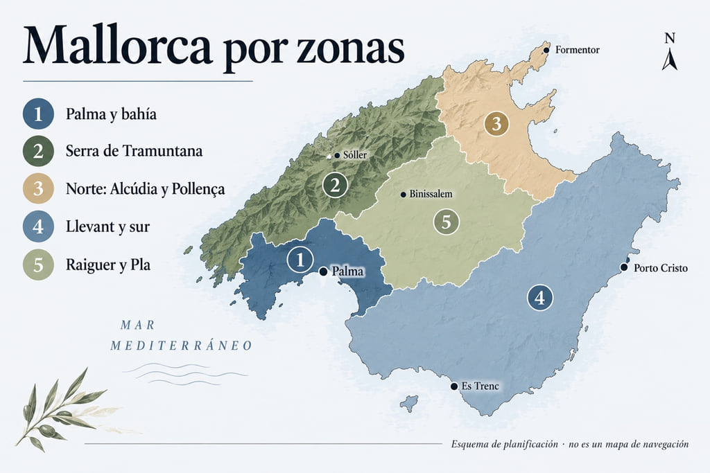 Esquema de cinco zonas viajeras de Mallorca: Palma, Tramuntana, norte, Llevant y sur, Raiguer y Pla