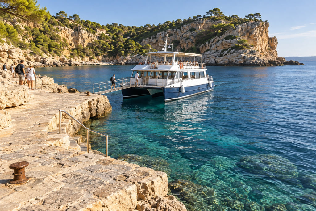 Catamarán en una cala mediterránea junto a un embarcadero de piedra