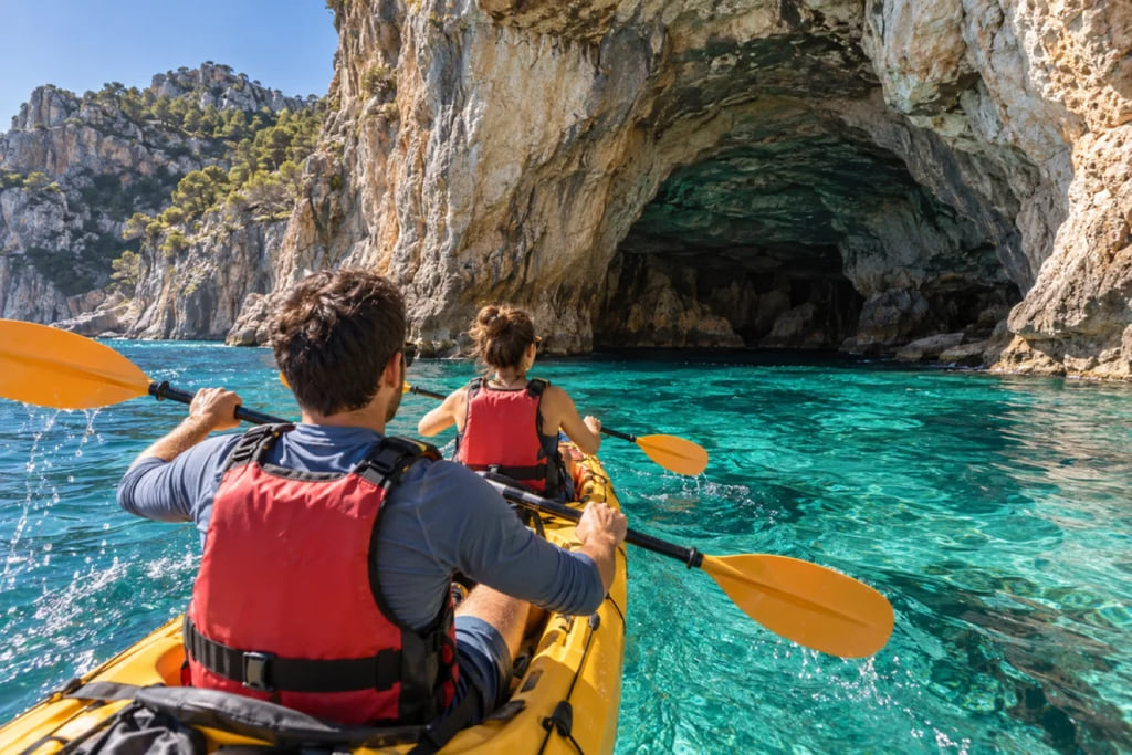 Kayak junto a una costa rocosa mediterránea