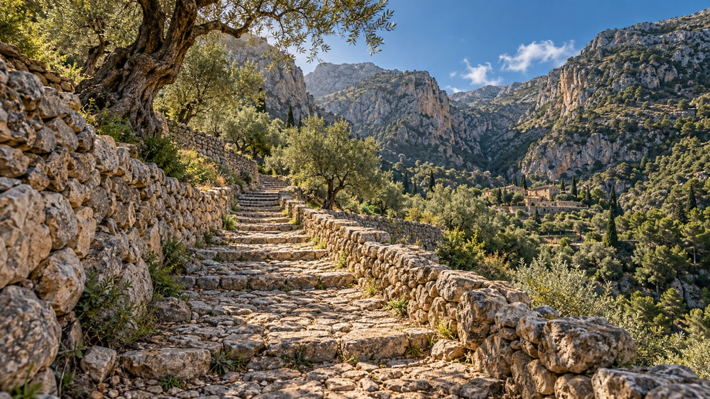 Ilustración de un sendero empedrado entre bancales y olivos de la Tramuntana