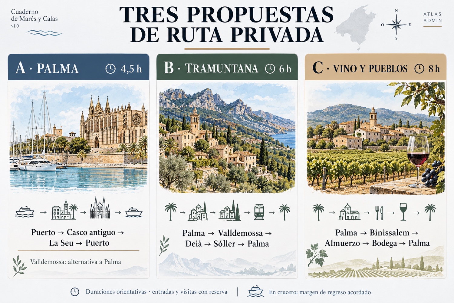 Tres propuestas de ruta privada: Palma en 4,5 horas, Tramuntana en 6 horas y vino y pueblos en 8 horas