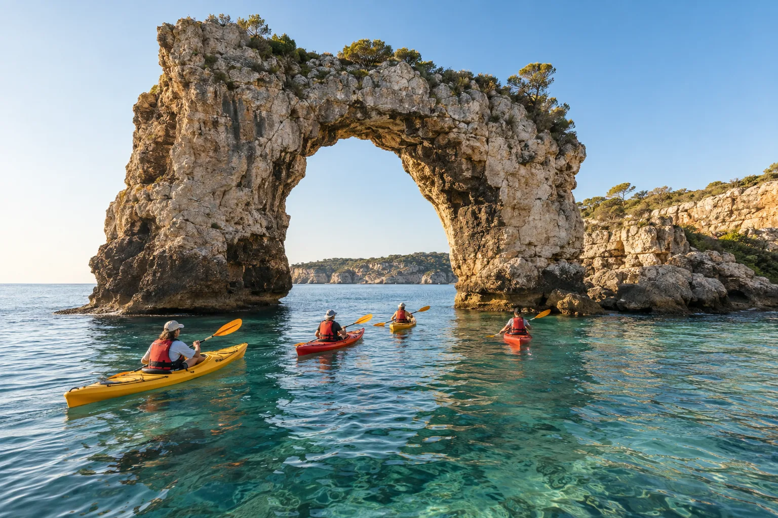 Ruta en kayak de mar cruzando el arco natural de Es Pontàs en Santanyí, Mallorca