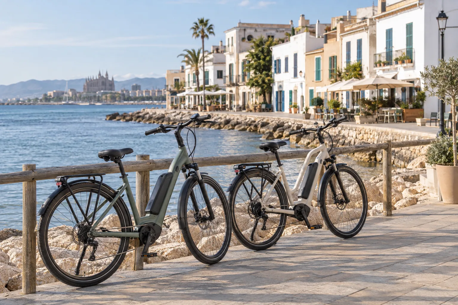 Bicicletas de alquiler aparcadas frente al paseo marítimo y las terrazas de El Portixol