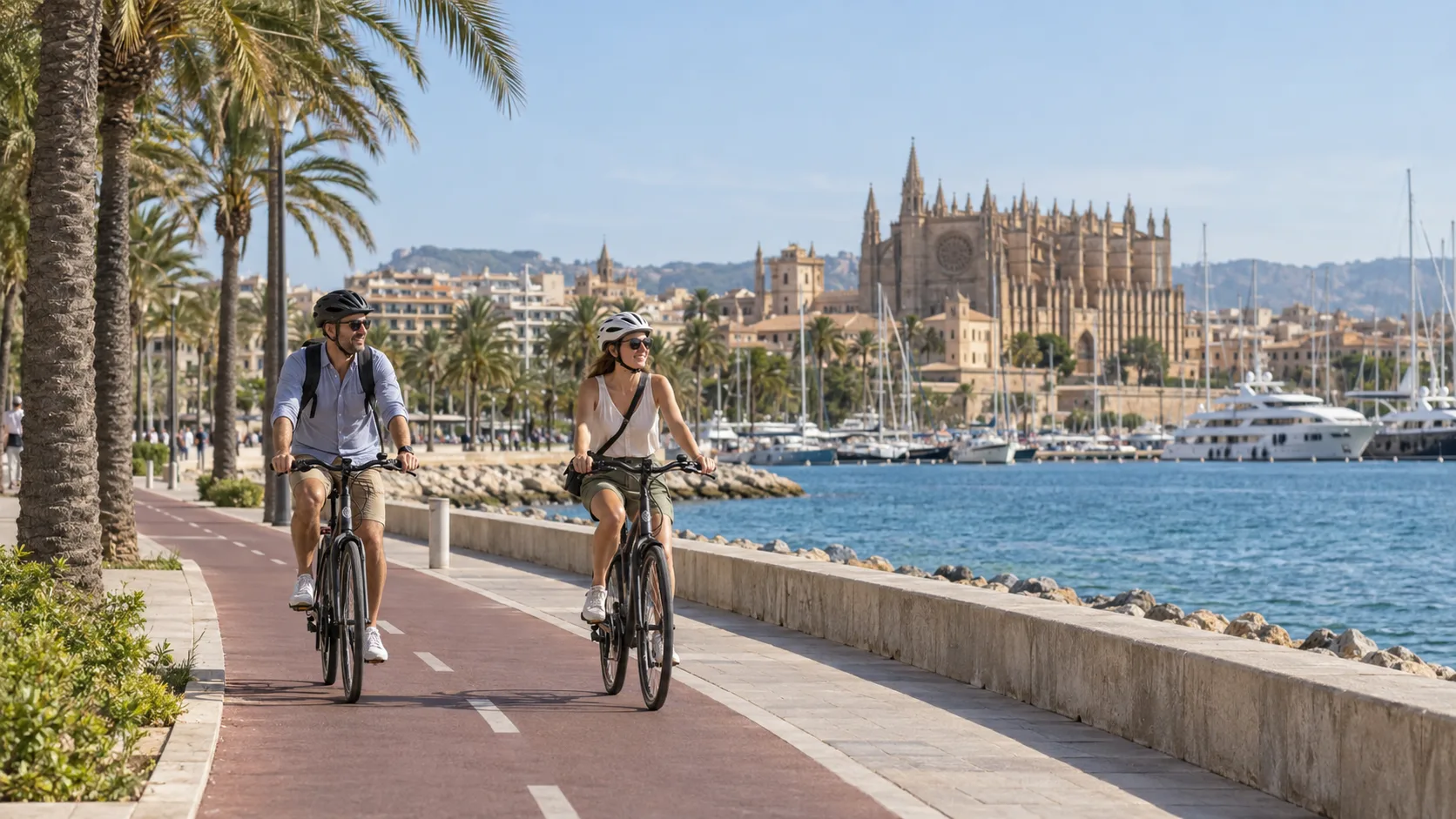 Ciclistas en el carril bici del Paseo Marítimo de Palma de Mallorca frente a la Catedral