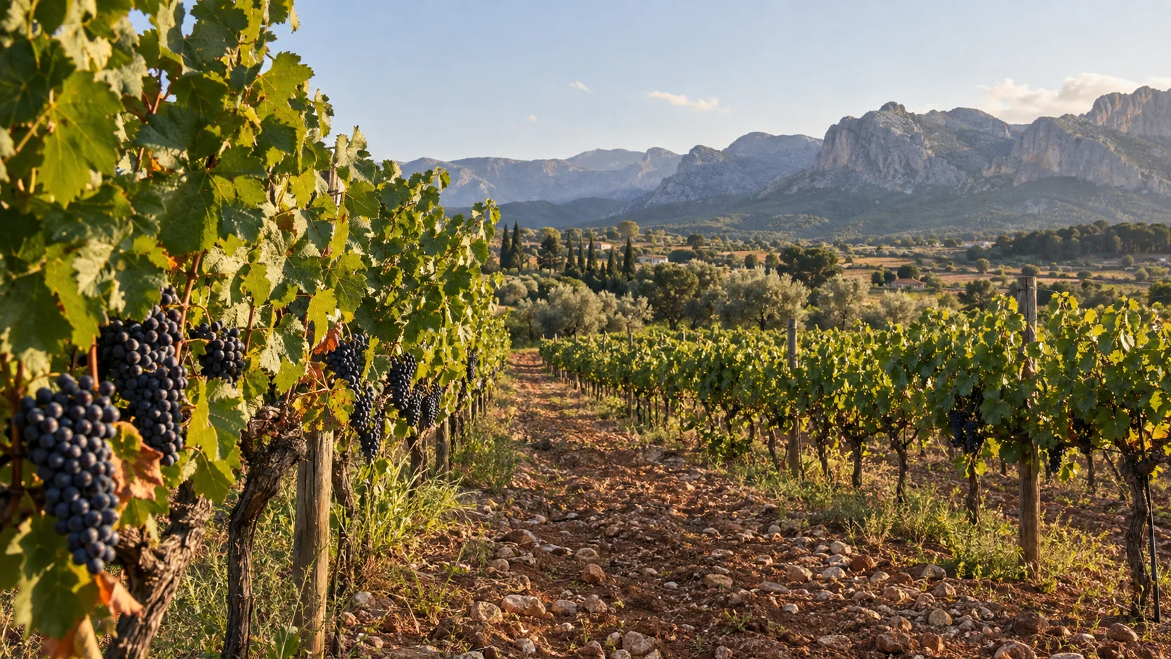Viñedos de la D.O. Binissalem con uvas Manto Negro y la Serra de Tramuntana al fondo