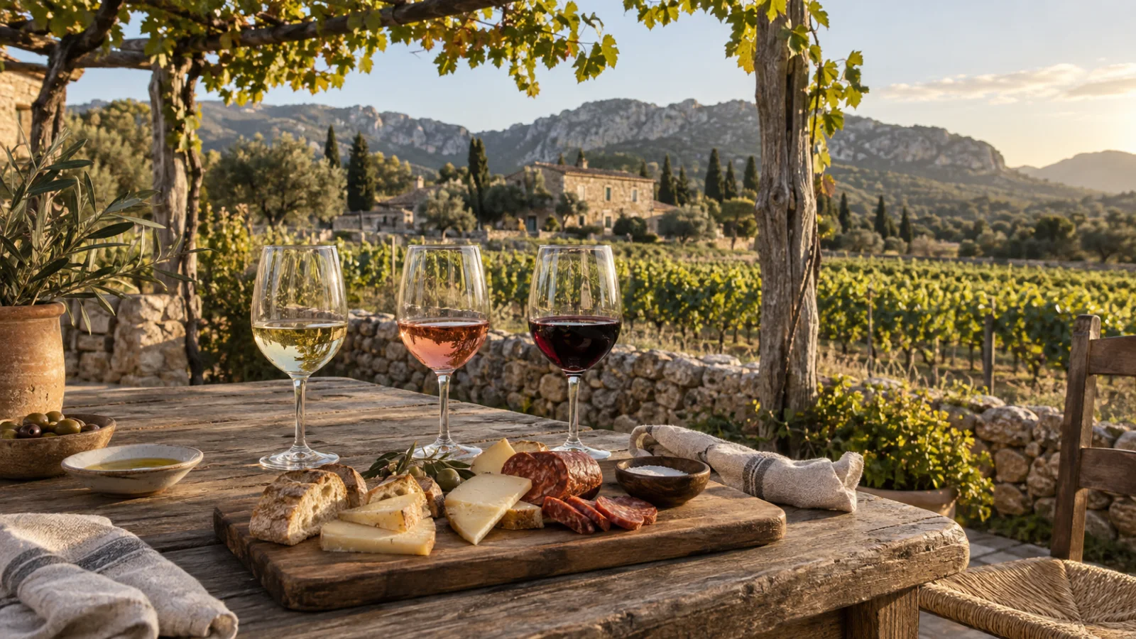 Cata de vinos al aire libre con vistas a los viñedos de Mallorca y maridaje de productos locales