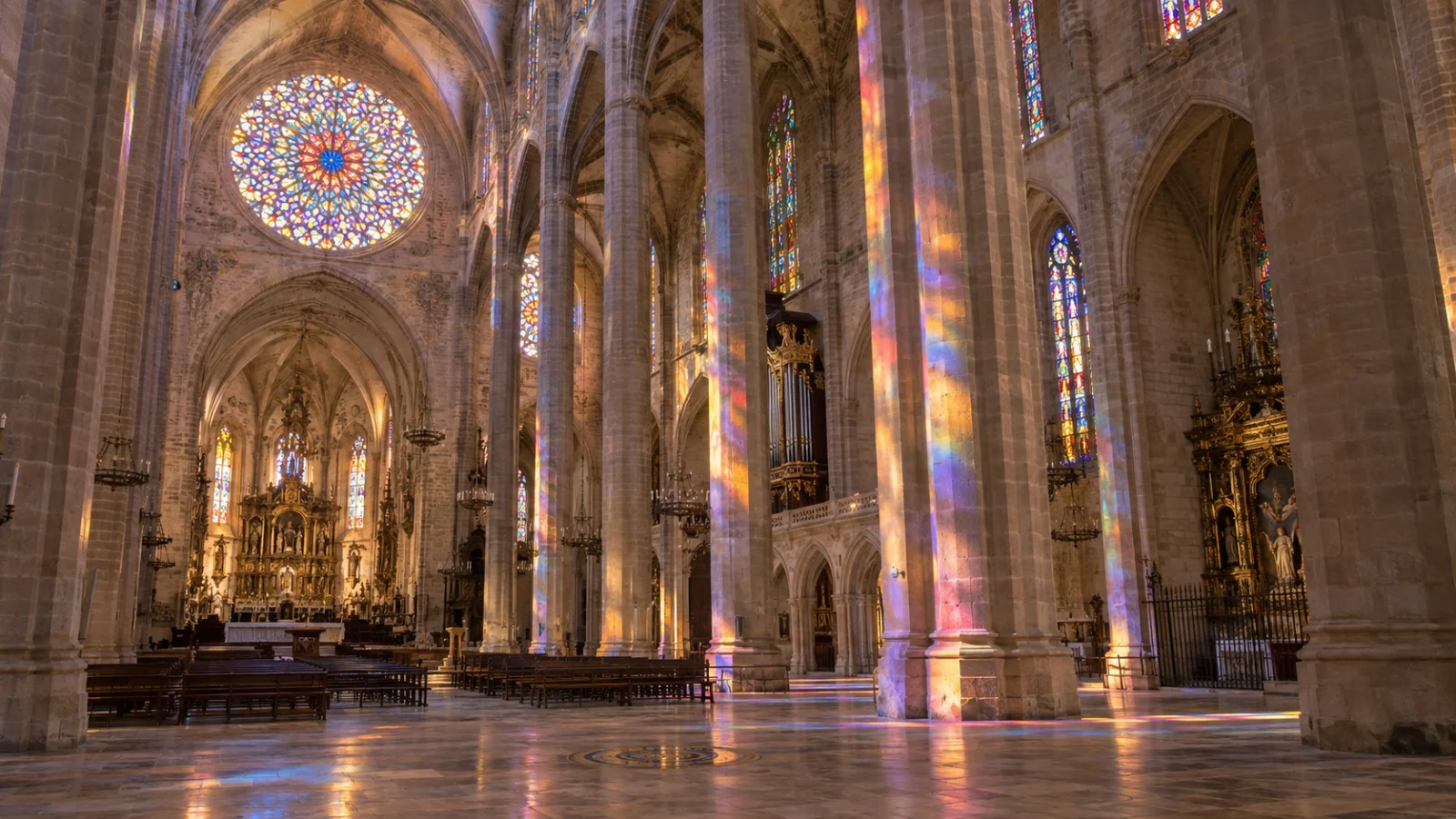 Interior de la Catedral de Palma La Seu con la luz del rosetón mayor proyectada en las columnas