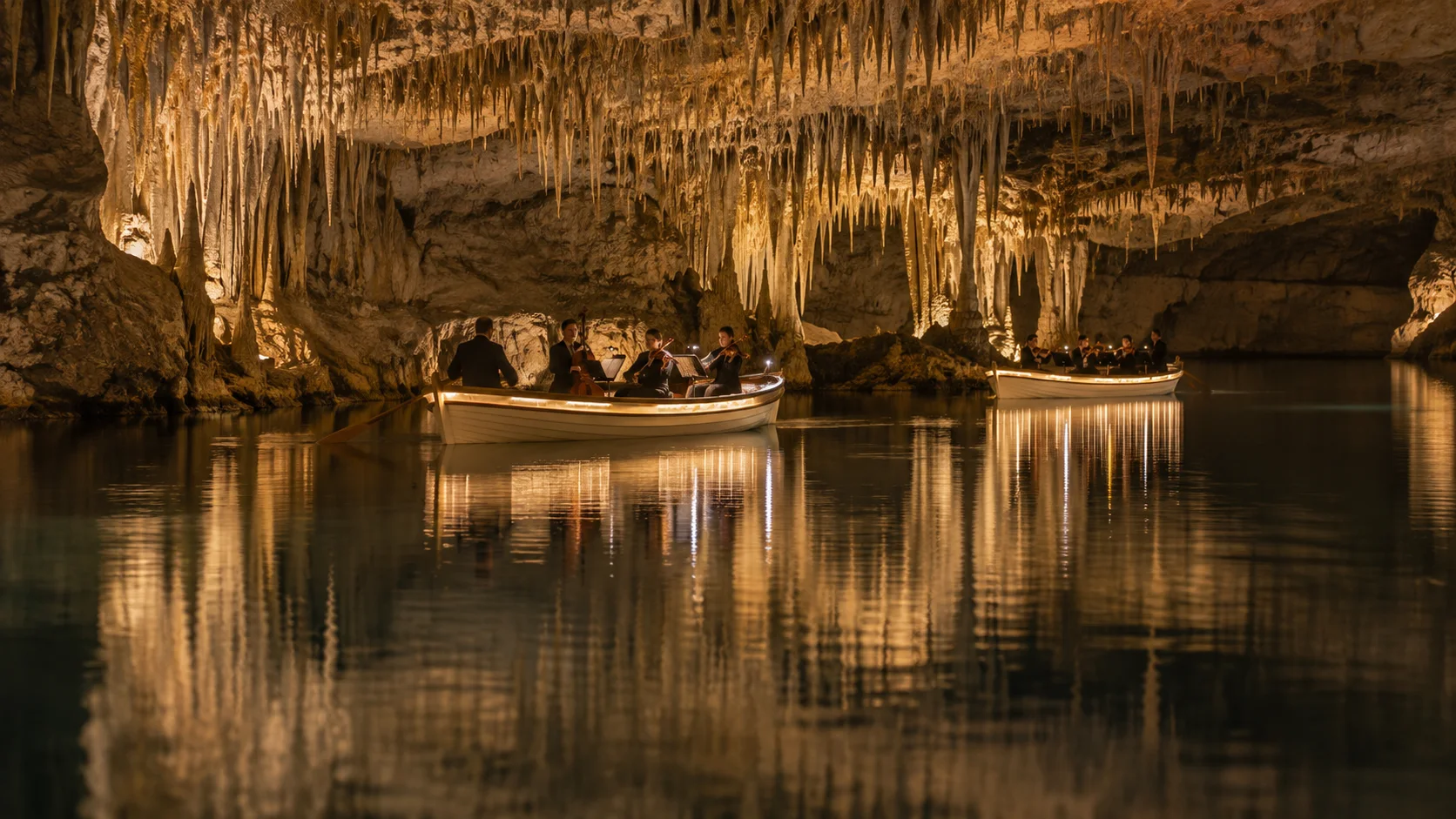 Concierto de música clásica en barcas iluminadas en el Lago Martel de las Cuevas del Drach
