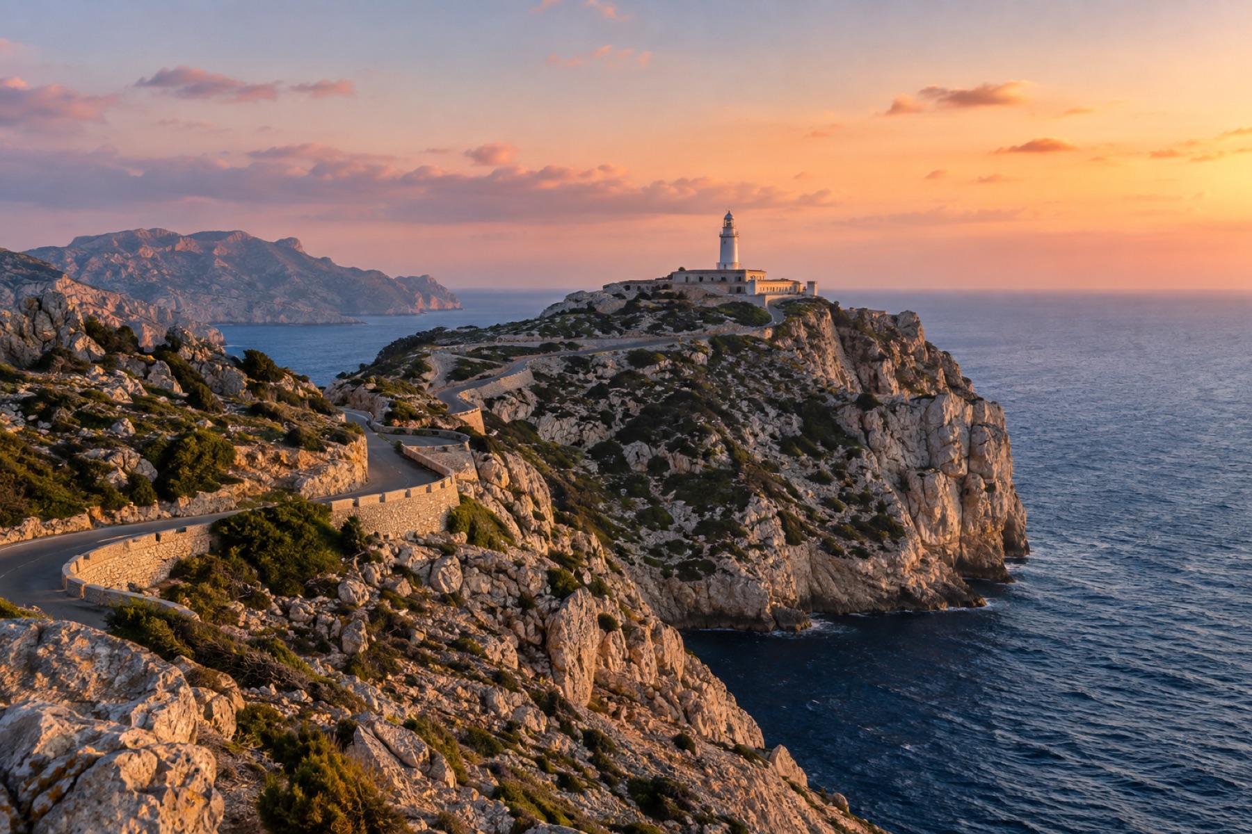 Faro de Cap de Formentor sobre los acantilados del norte de Mallorca al atardecer