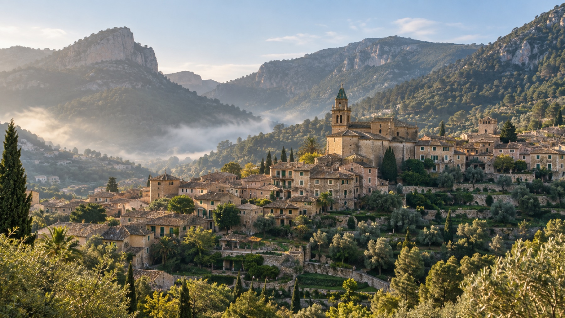Pueblo de Valldemossa rodeado por las montañas de la Serra de Tramuntana en Mallorca