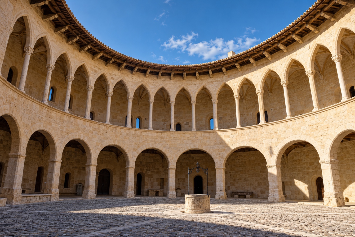 Patio circular de Bellver con galerías de arcos de piedra en dos niveles