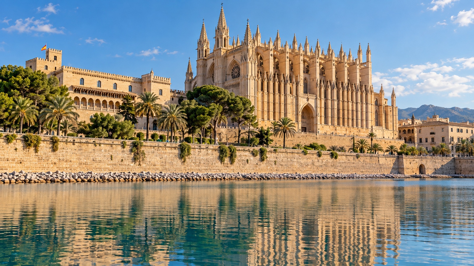 Vista del conjunto de La Seu y La Almudaina junto al lago del Parc de la Mar