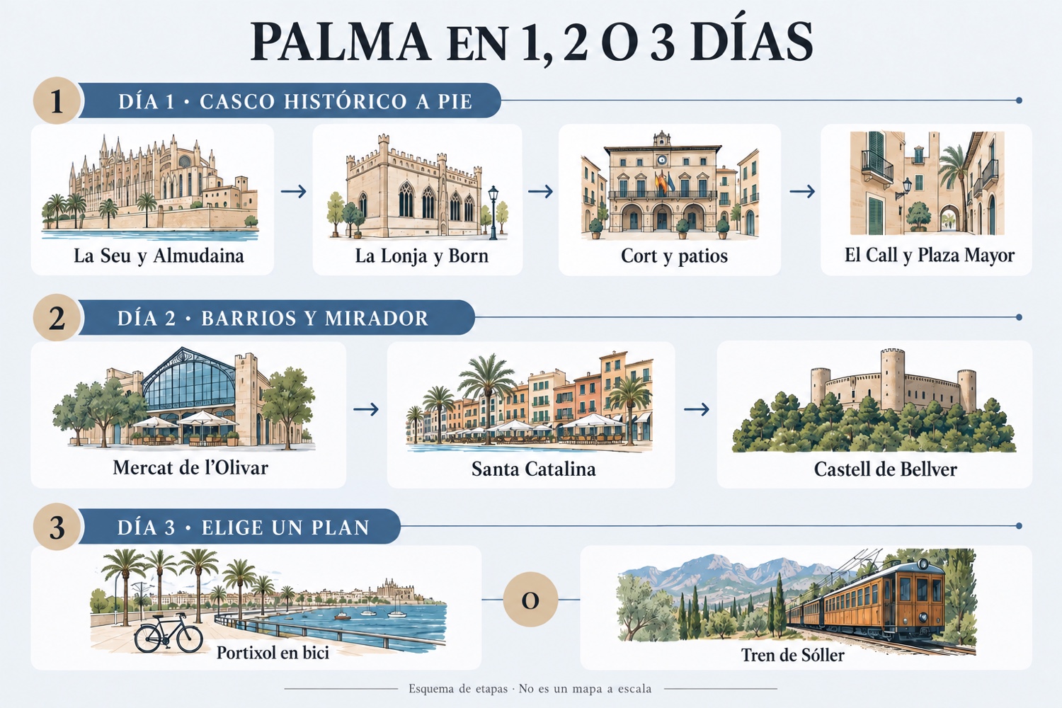 Esquema por días: casco histórico, mercados y Bellver, y elección entre Portixol o Sóller