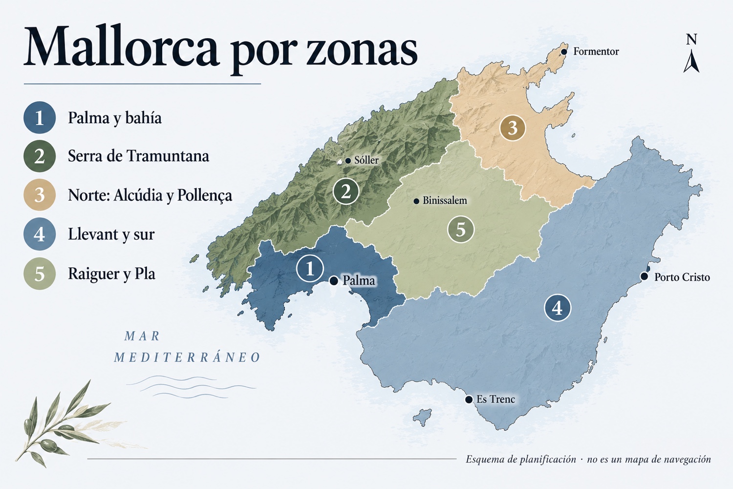 Esquema de cinco zonas viajeras de Mallorca: Palma, Tramuntana, norte, Llevant y sur, Raiguer y Pla
