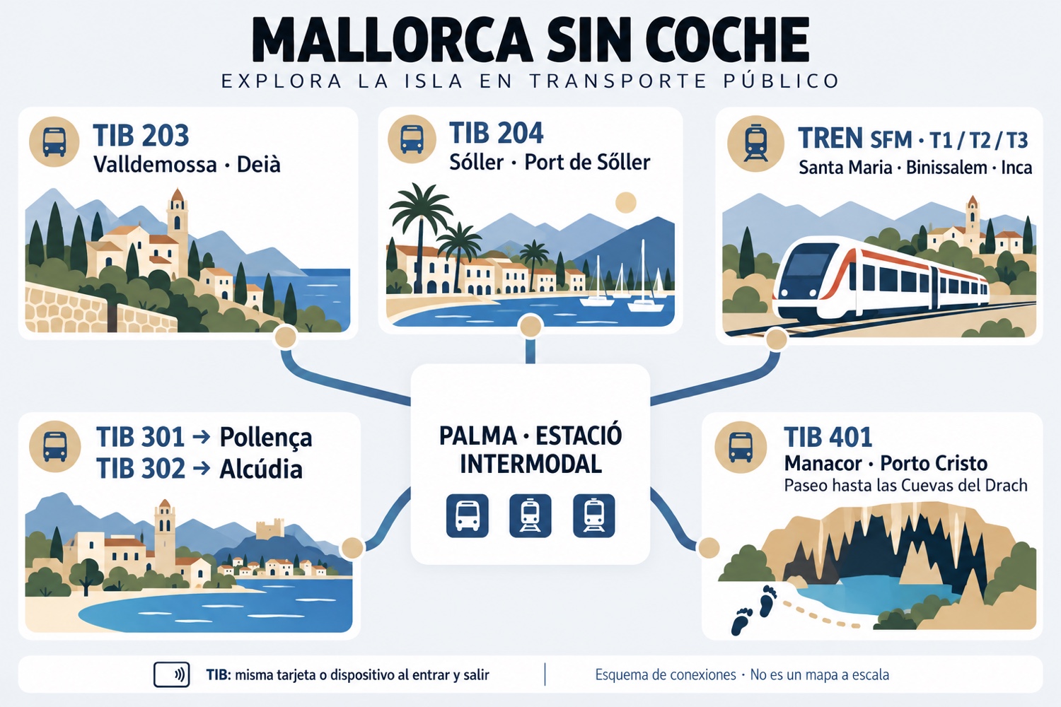 Cinco ejes desde Palma: 203 a Valldemossa y Deià, 204 a Sóller, SFM al interior, 301 a Pollença, 302 a Alcúdia y 401 a Porto Cristo