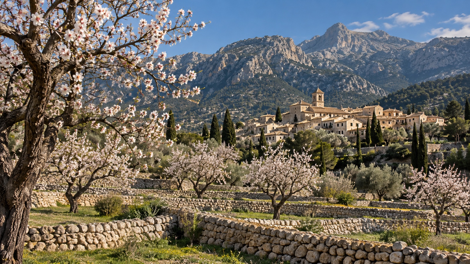 Almendros en flor entre bancales de piedra, con un pueblo y montañas al fondo