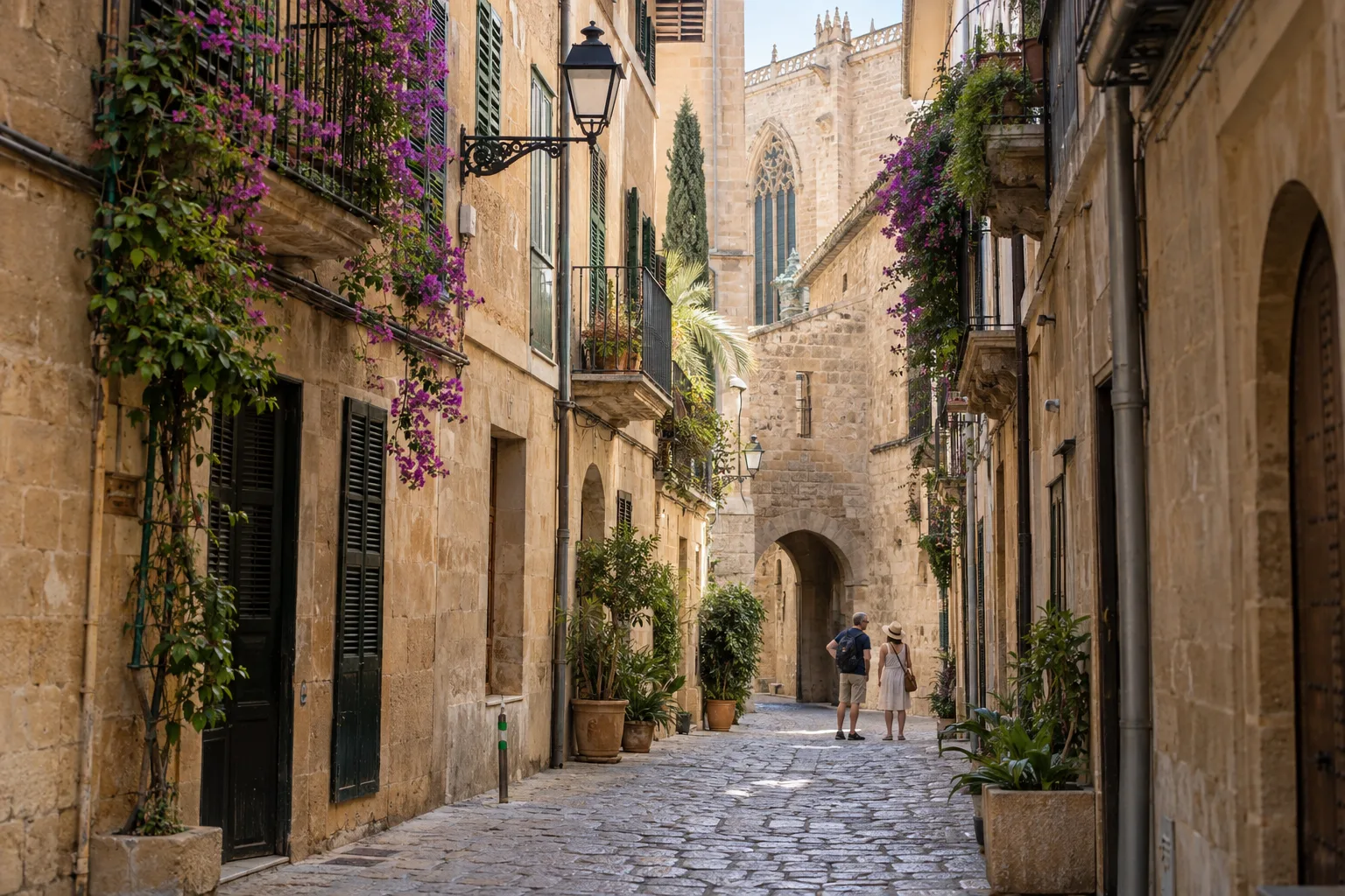Calles empedradas del casco antiguo de Palma durante una ruta a pie cultural