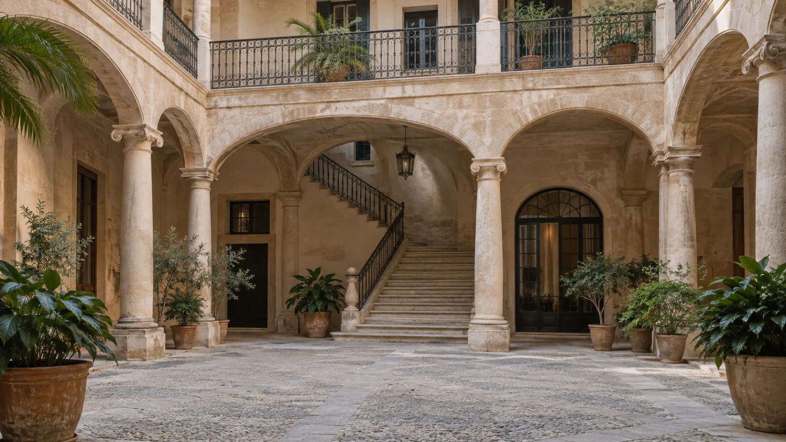 Patio señorial de Can Oleza en Palma de Mallorca con arcos rebajados y escalera de piedra