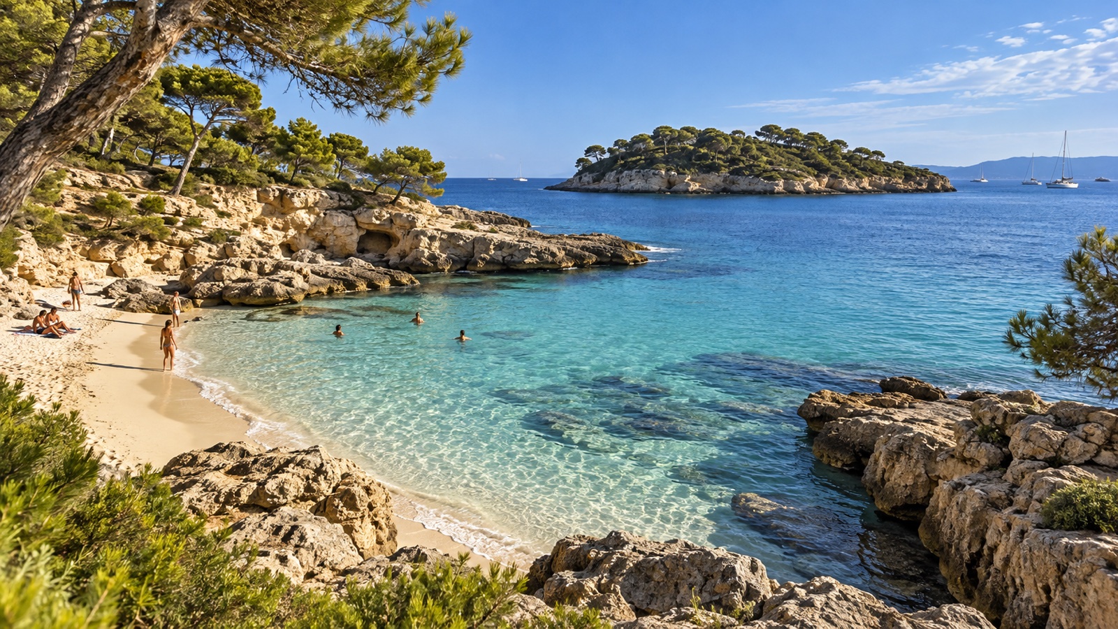 Pequeña cala mediterránea de arena y roca caliza, con pinos y un islote frente a la costa