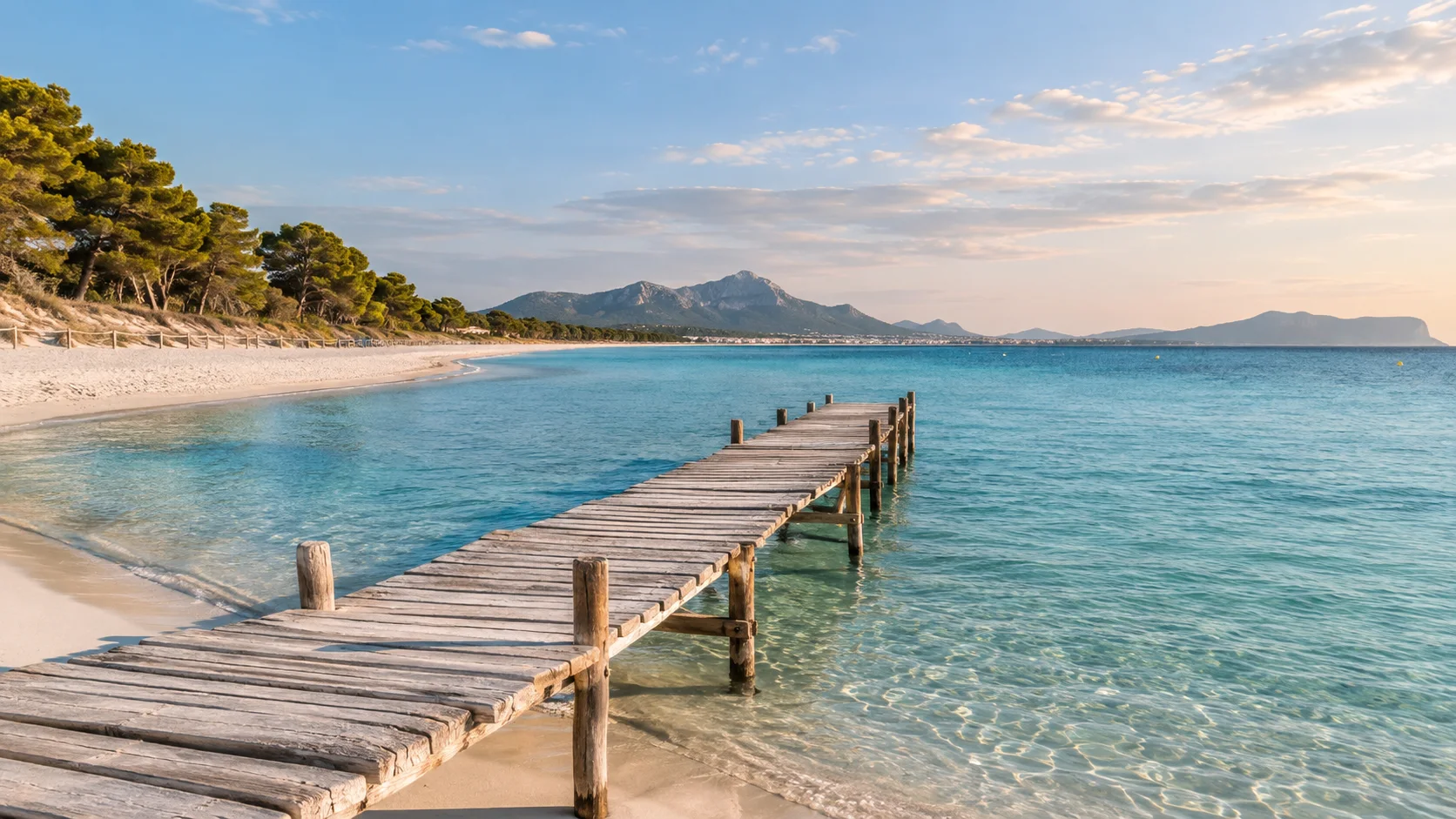 Playa de Muro en Mallorca: pasarela de madera sobre aguas turquesas y arena blanca