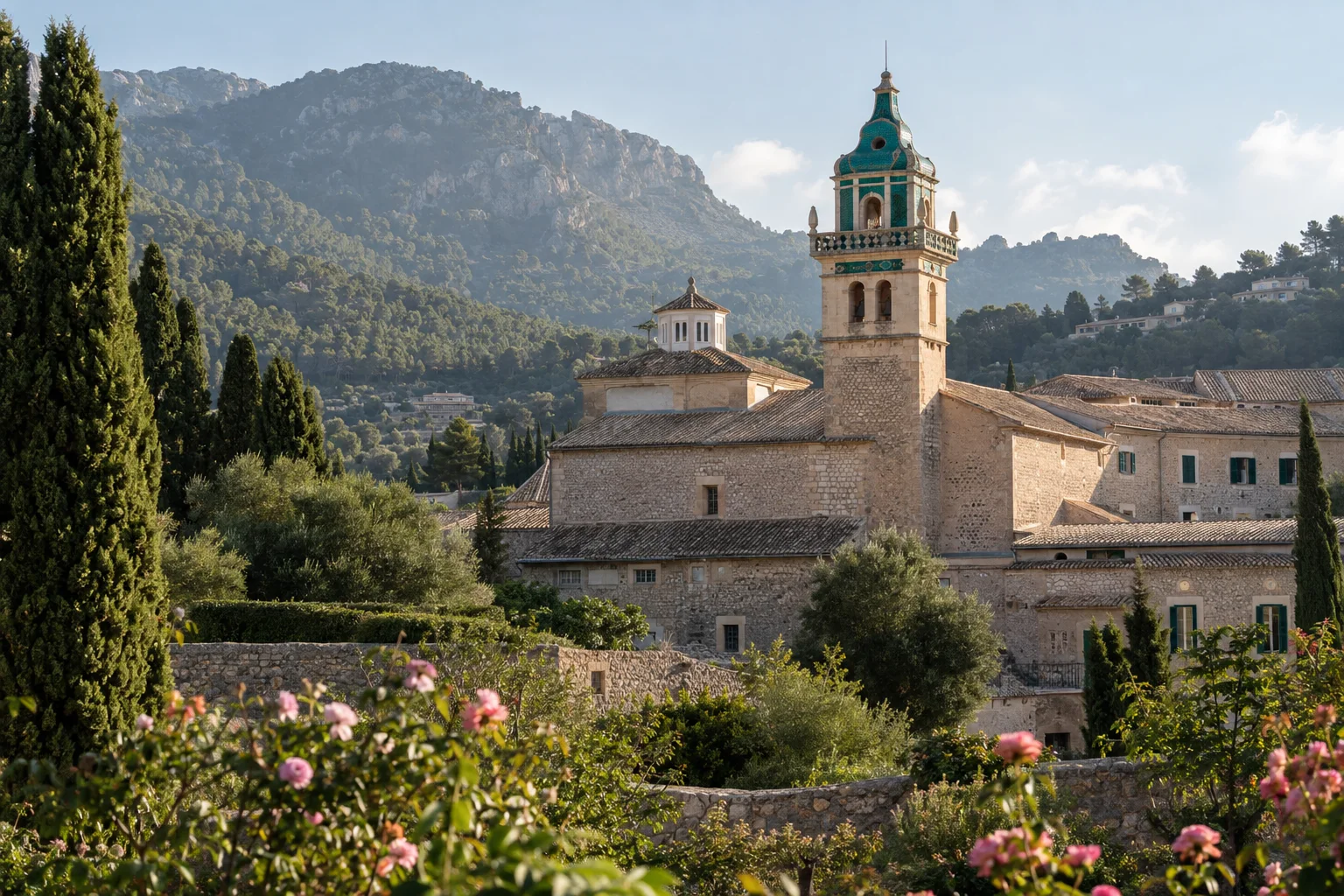 Real Cartuja de Valldemossa con su torre campanario y jardines históricos