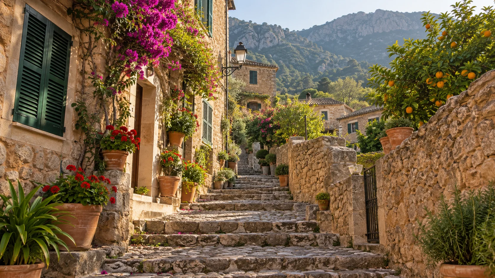 Calle escalonada de Fornalutx con macetas de flores y arquitectura tradicional de piedra