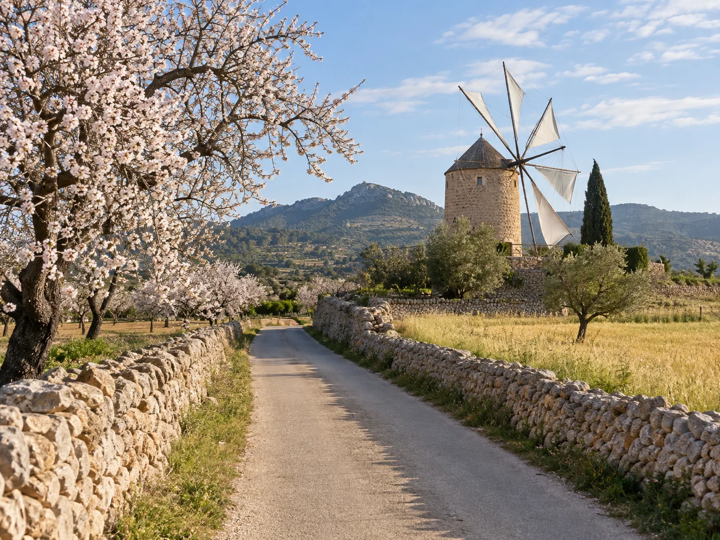 Ruta rural en el interior de Mallorca entre molinos de viento tradicionales y muros de piedra seca