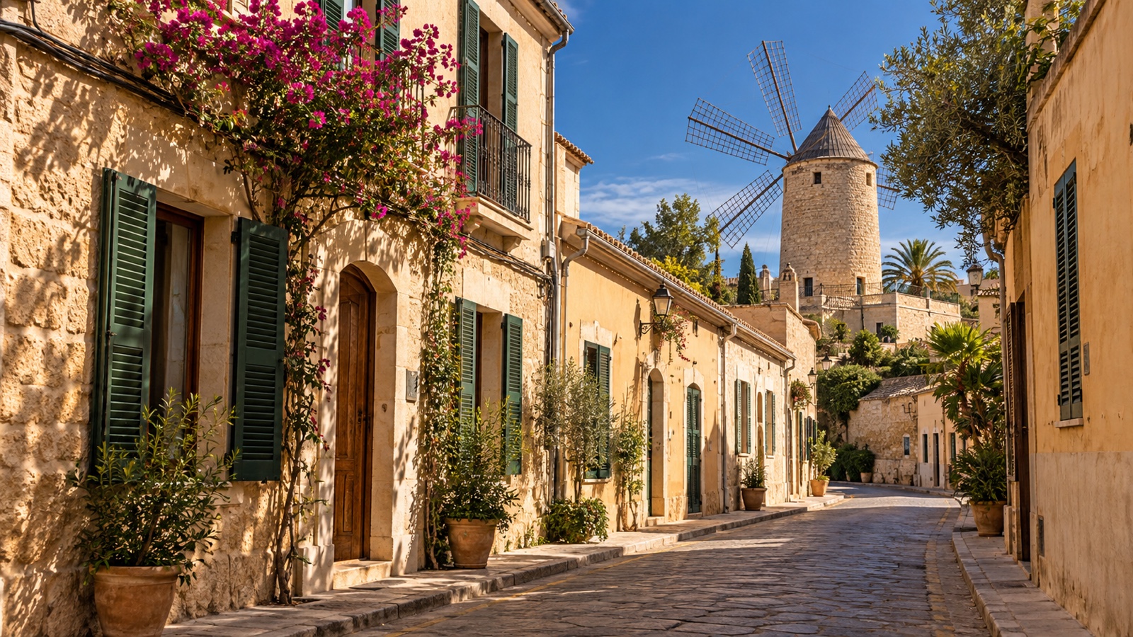 Escena de casas bajas de piedra, persianas verdes y un molino harinero de tradición mallorquina