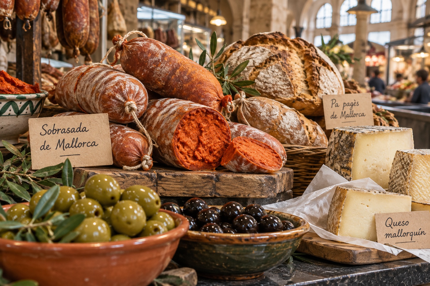 Sobrasada, pan de payés, aceitunas y quesos dispuestos en un mostrador de mercado