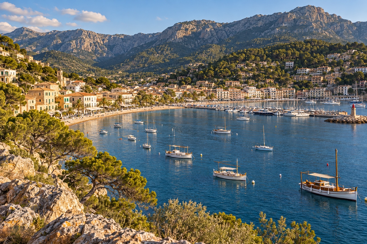 Ilustración de una bahía de Sóller con barcos de madera, paseo y montañas de Tramuntana