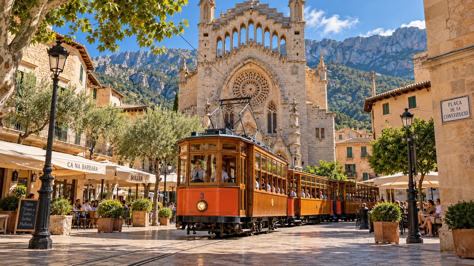 Ilustración del tranvía de madera ante la fachada de Sant Bartomeu y las montañas de Sóller