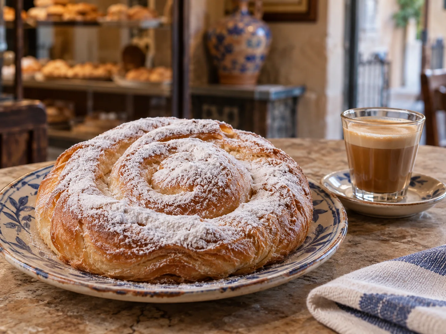 Ensaimada artesanal recién horneada con azúcar glas en una pastelería tradicional de Palma
