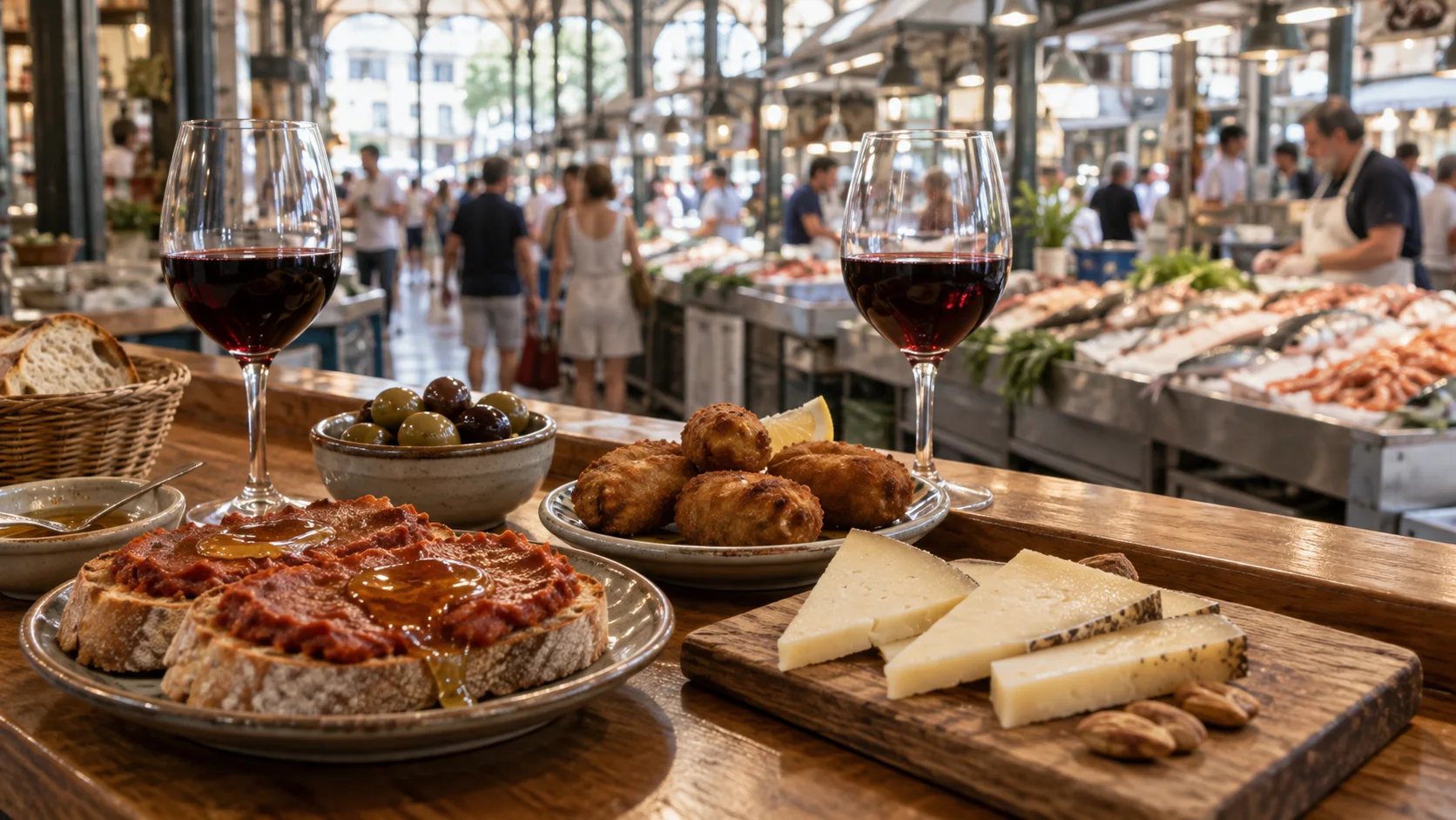 Degustación de tapas mallorquinas y vino tinto local en el Mercat de l’Olivar de Palma
