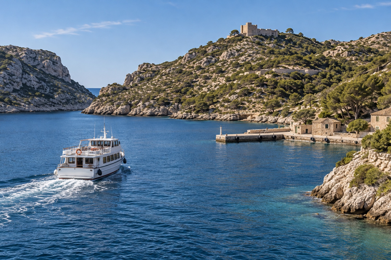Embarcación de excursión frente a una bahía de costa rocosa y matorral mediterráneo