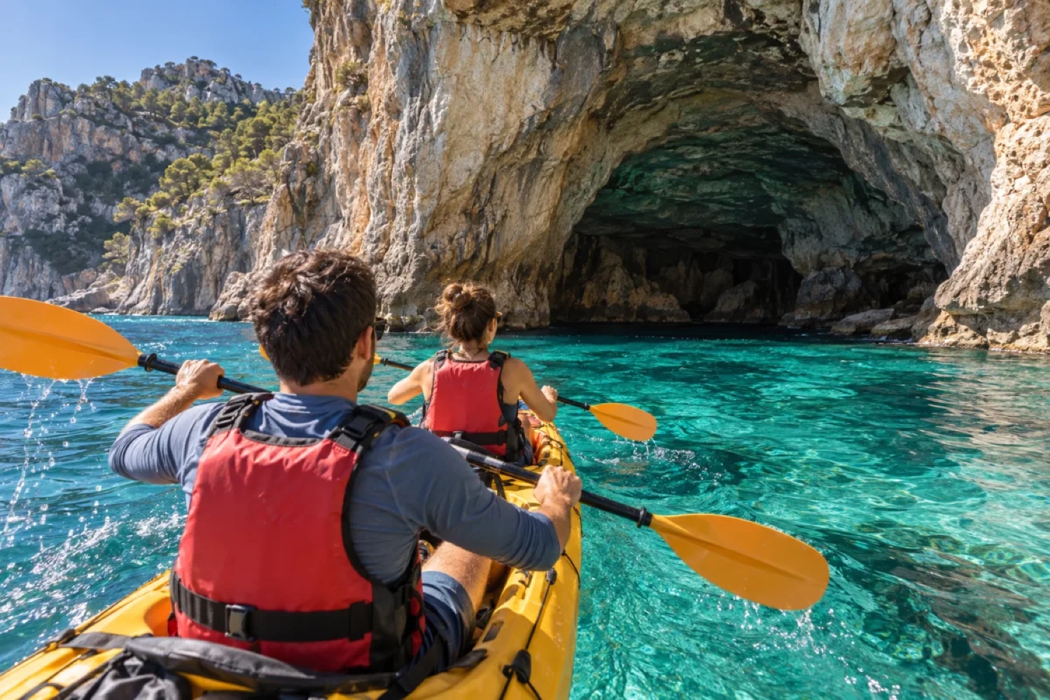 Kayak junto a una costa rocosa mediterránea